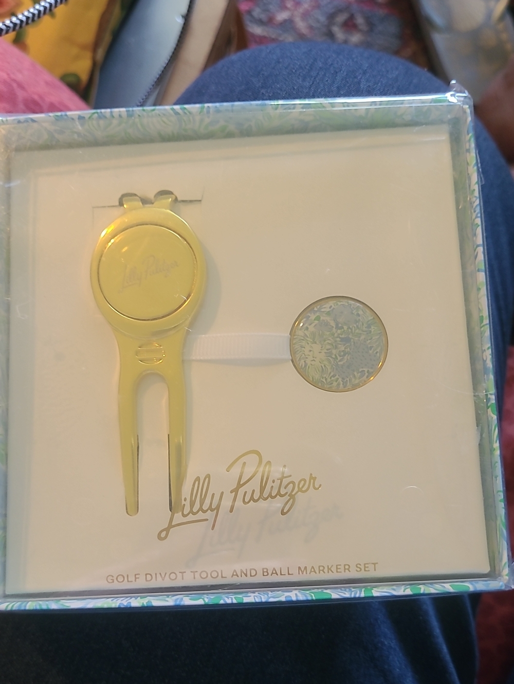 Lilly Pulitzer Gold Golf Divot Tool with Green Floral Ball Marker